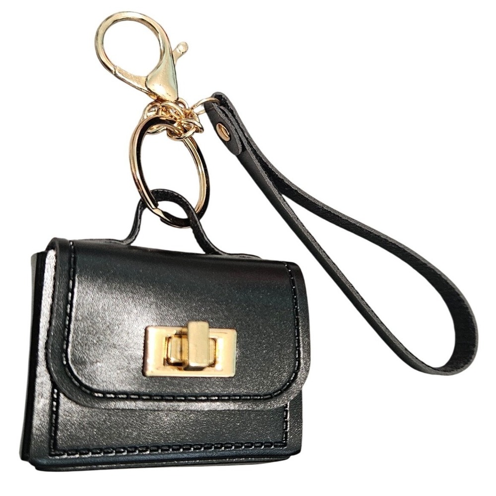 Black Faux Leather Mini Satchel Bag Charm Keychain Gold Turn Lock Accessory